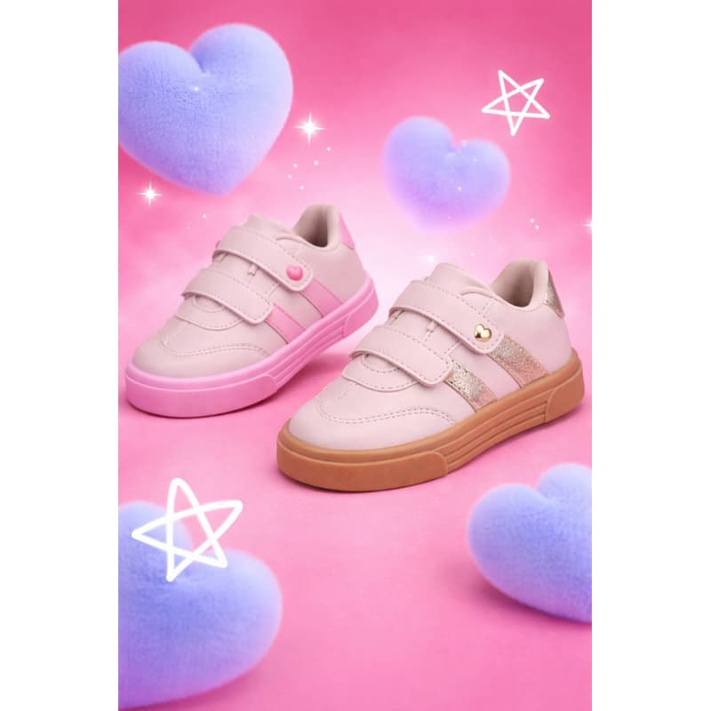Tênis Infantil Feminino Casual com Velcro e Detalhe de Coração