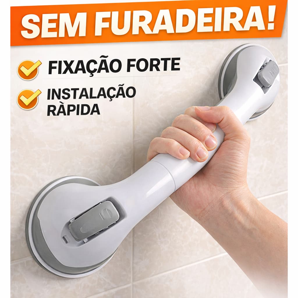 Barra de Segurança Banheiro Ventosa Reforçada Anti Queda Idosos Crianças Sem Furadeira