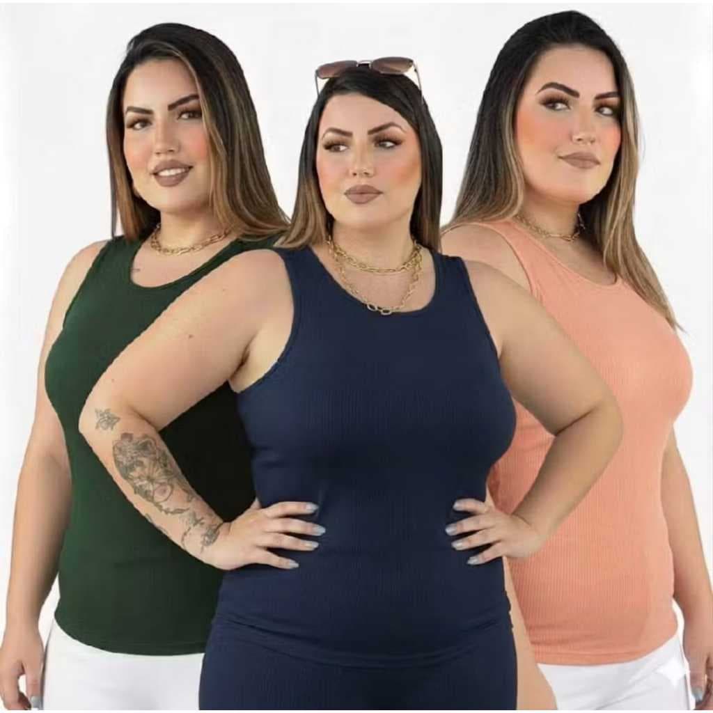 Kit 3 Regatas alça larga feminina Plus Size do 46 ao 54