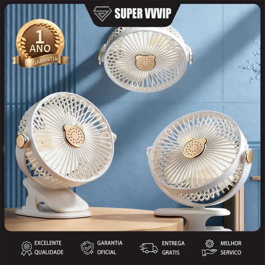 【Brasil Spot Sale】Ventilador Portátil Clip 5 Velocidades Luminária LED USB 720 Rotação Poderoso