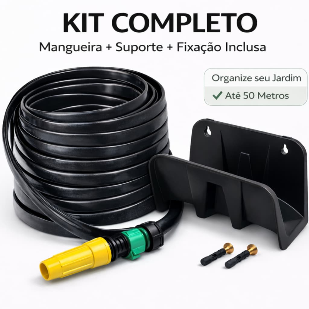 Kit Mangueira de Jardim Achatada Anti Dobra Preta + Suporte Para Mangueira Completo com Fixação