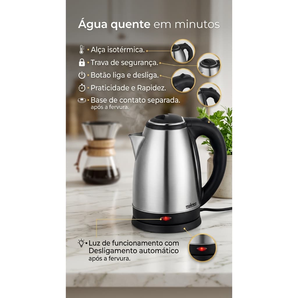 Chaleira Elétrica Inox 1,8L 220V Aquece Água Rápido Café Chá Desligamento Automático