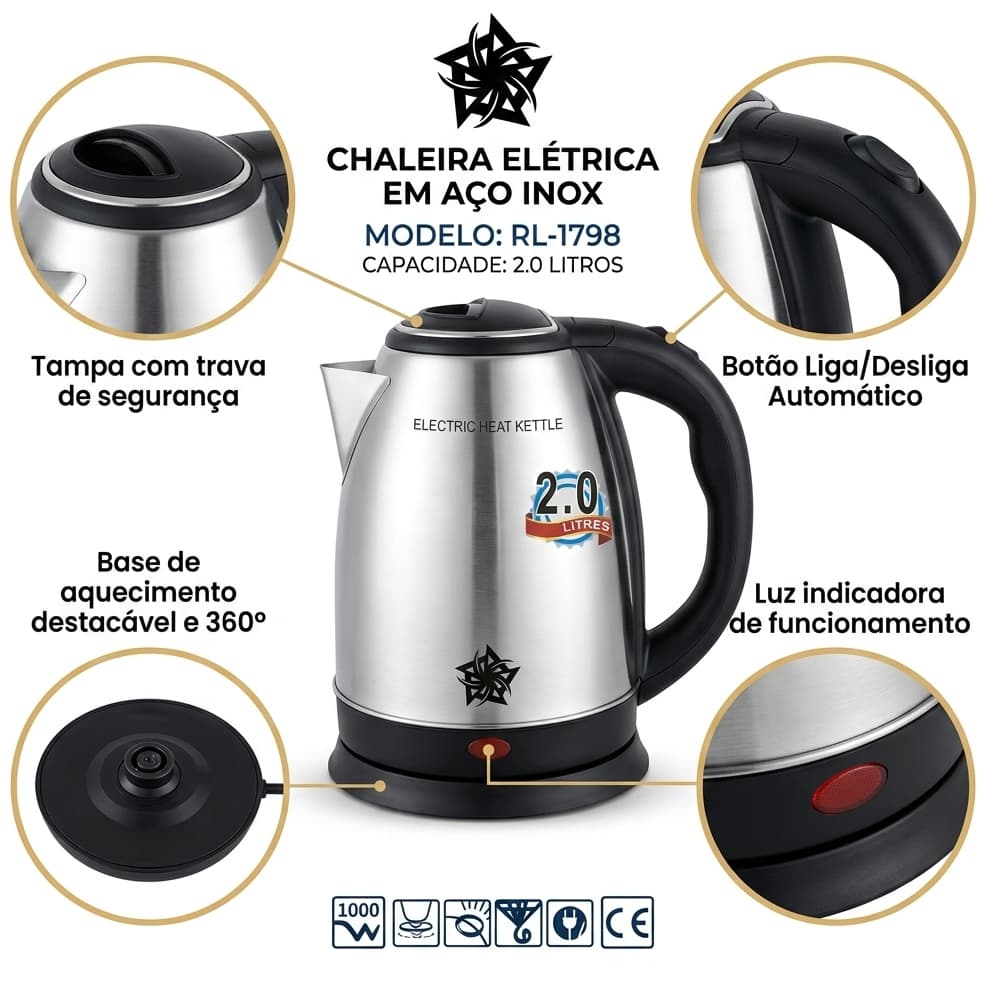 Chaleira Jarra Elétrica 110V 2 Litros 800W Inox Prateada Cozinha-  Promoção Envio Imediato Até 13h
