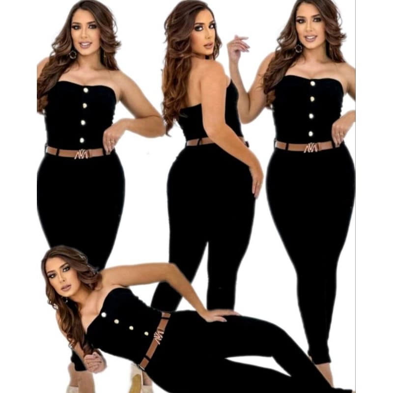 Macacão Longo Jeans Feminino com laycra Tomara que Caia Preto Exclusivo 42/44/46