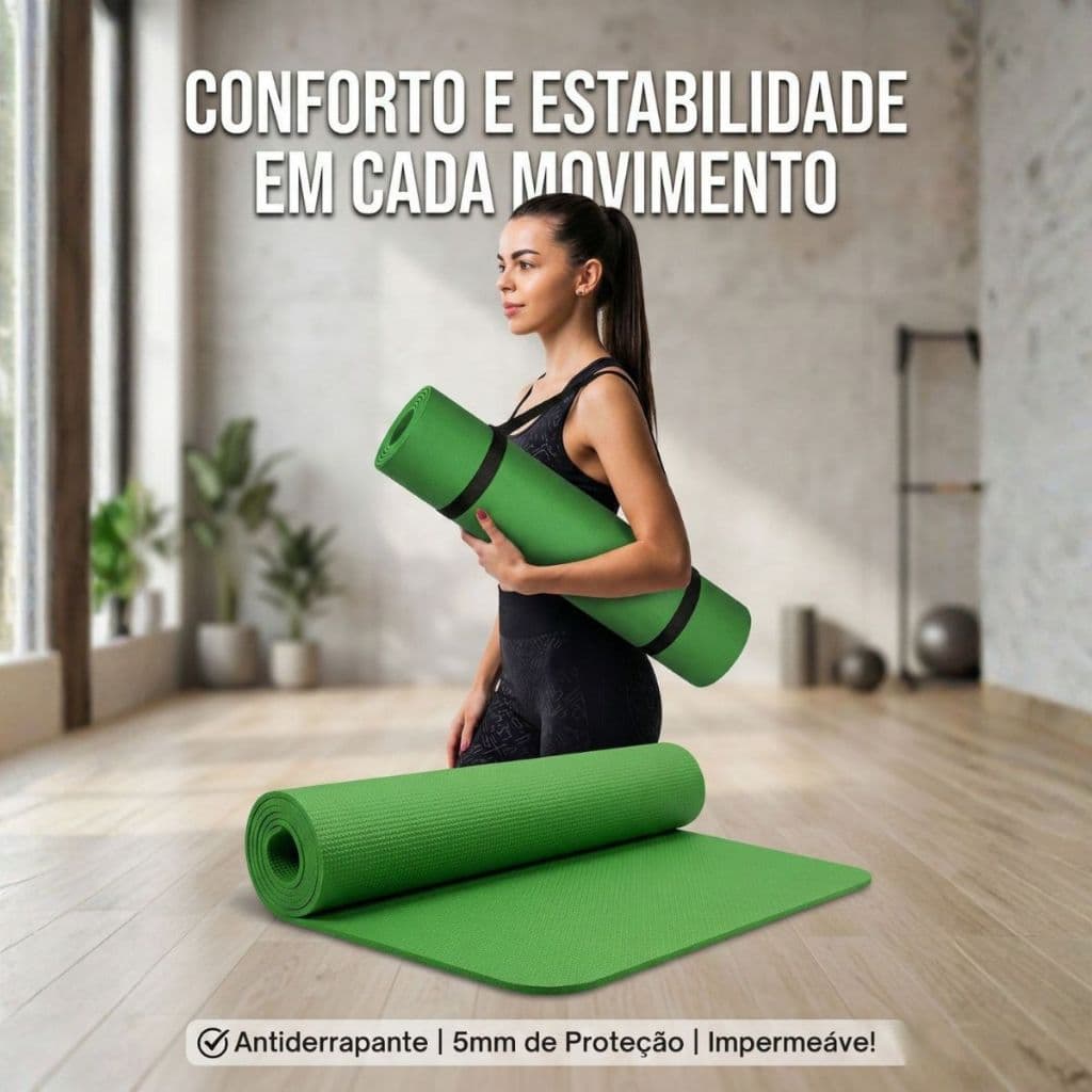 Tapete Yoga Fitness 5mm Antiderrapante com Alça para Treino e Alongamento em Casa