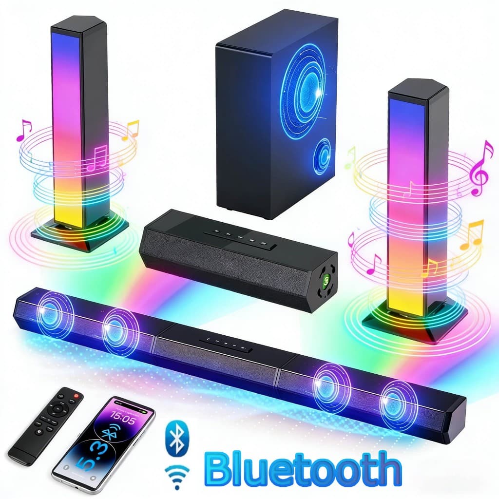 Barra de som para TV, barra de som com luzes LED RGB e sistema de som surround com alto-falantes Bluetooth-Dupla tensão