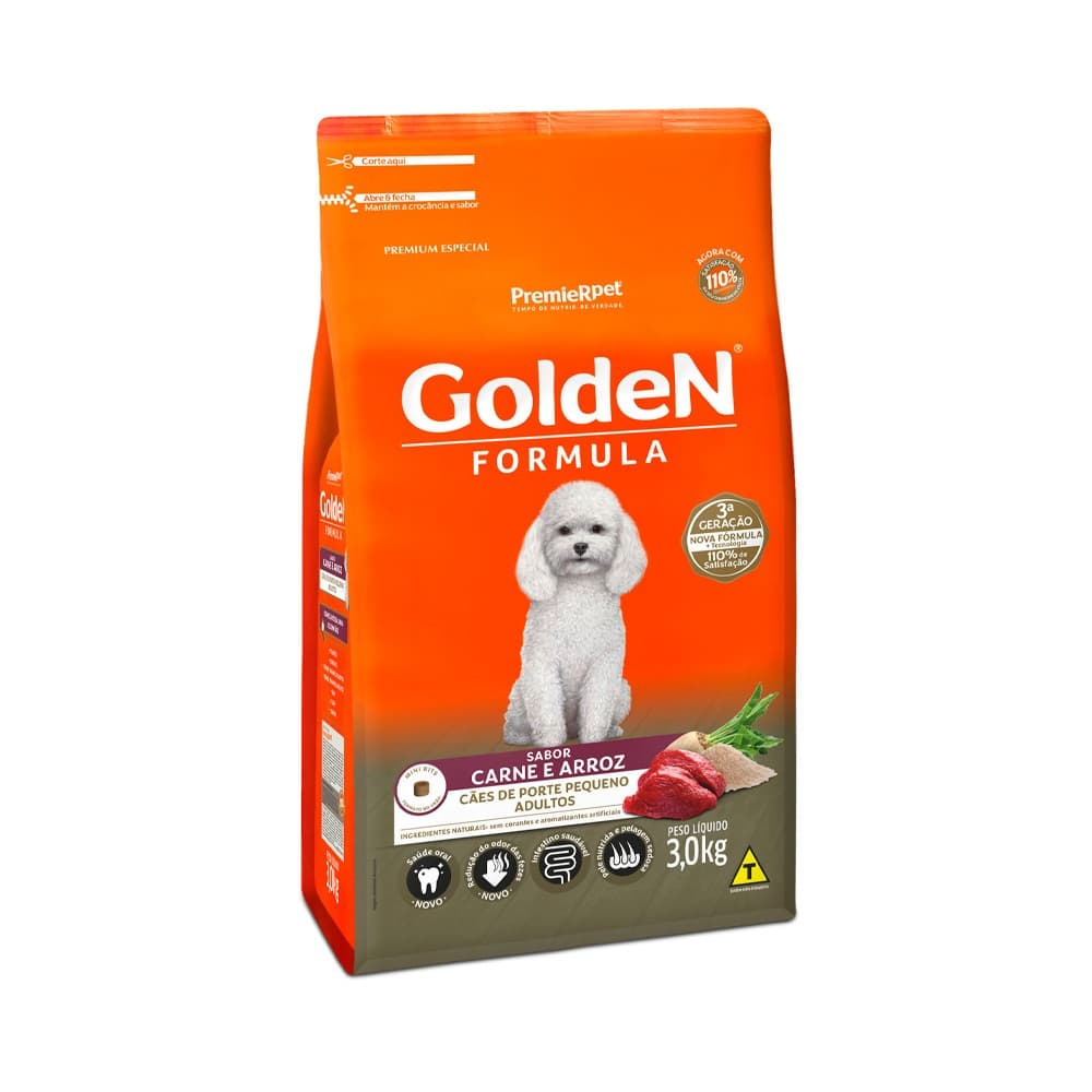 Ração pra Cães Adultos de Raças Pequenas Golden Formula sabor Carne e Arroz Mini Bits 3kg