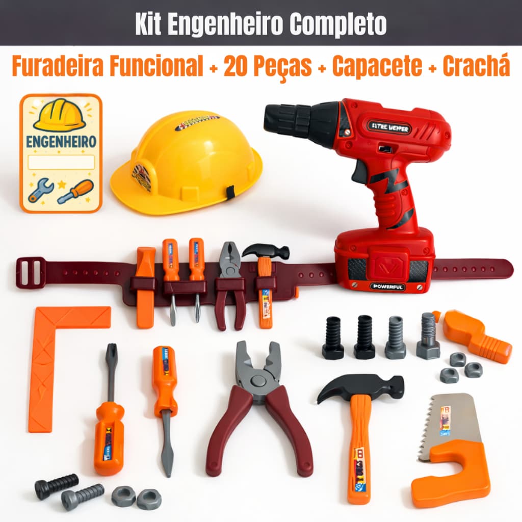 Brinquedo Kit Cinto Ferramentas Infantil + Parafusadeira E Capacete Kit Engenheiro Cinto Ferramenta