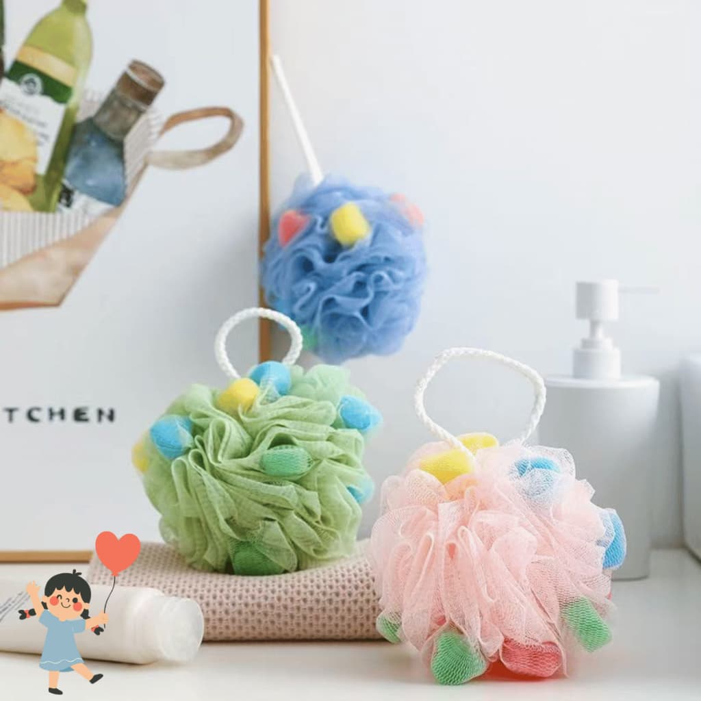 Kit 3 Esponja de Banho Premium com Bolinhas Coloridas com Alça para Pendurar