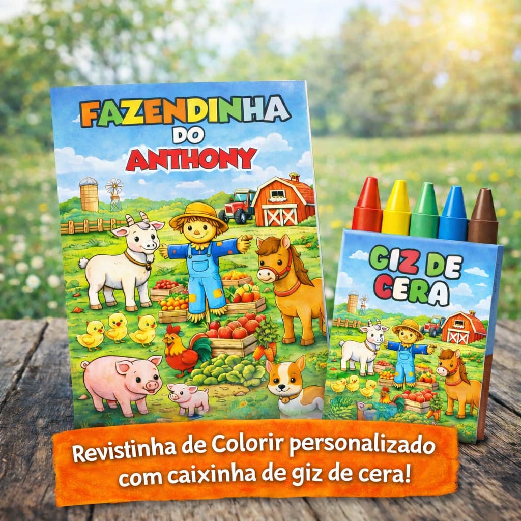 Kit Colorir Fazendinha Personalizado com Nome | Lembrancinha Infantil com Giz de Cera