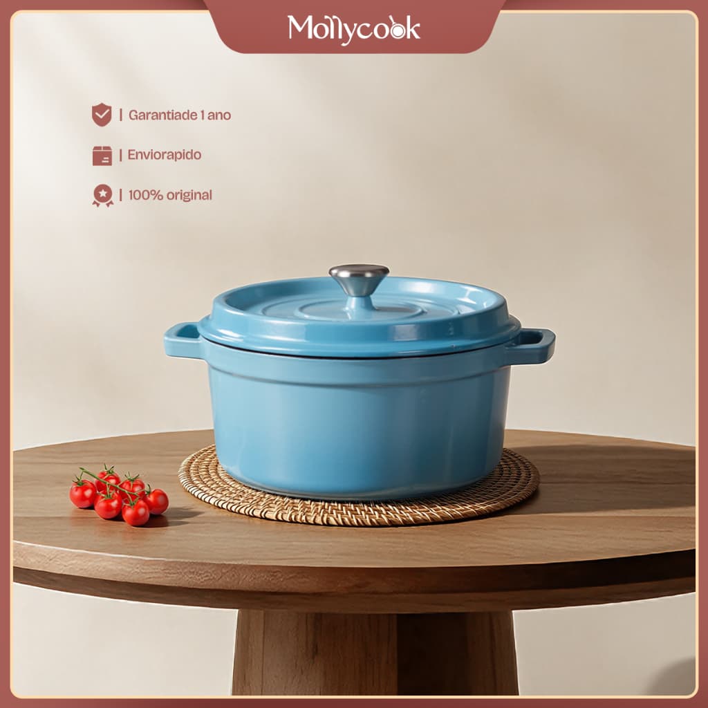 Mollycook Panela Caçarola De Ferro Fundido Esmaltado 22/24cm Premium Fogão Indução Panela Esmaltado de Ferro Com Tampa