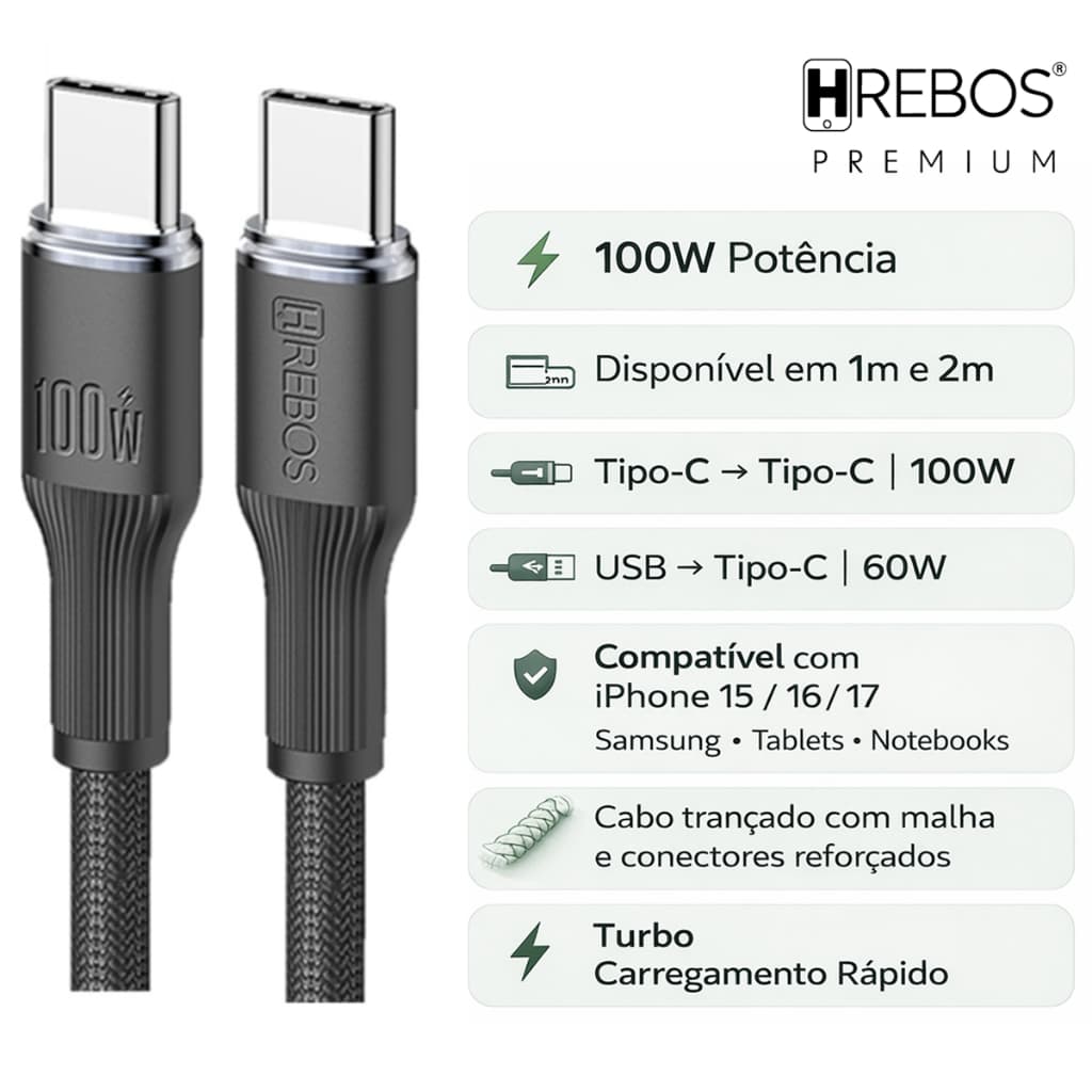 Cabo Tipo C 100W Trançado | Compatível com iPhone 15 16 17 | Samsung | Notebook e Tablet | 1m 2m 3m