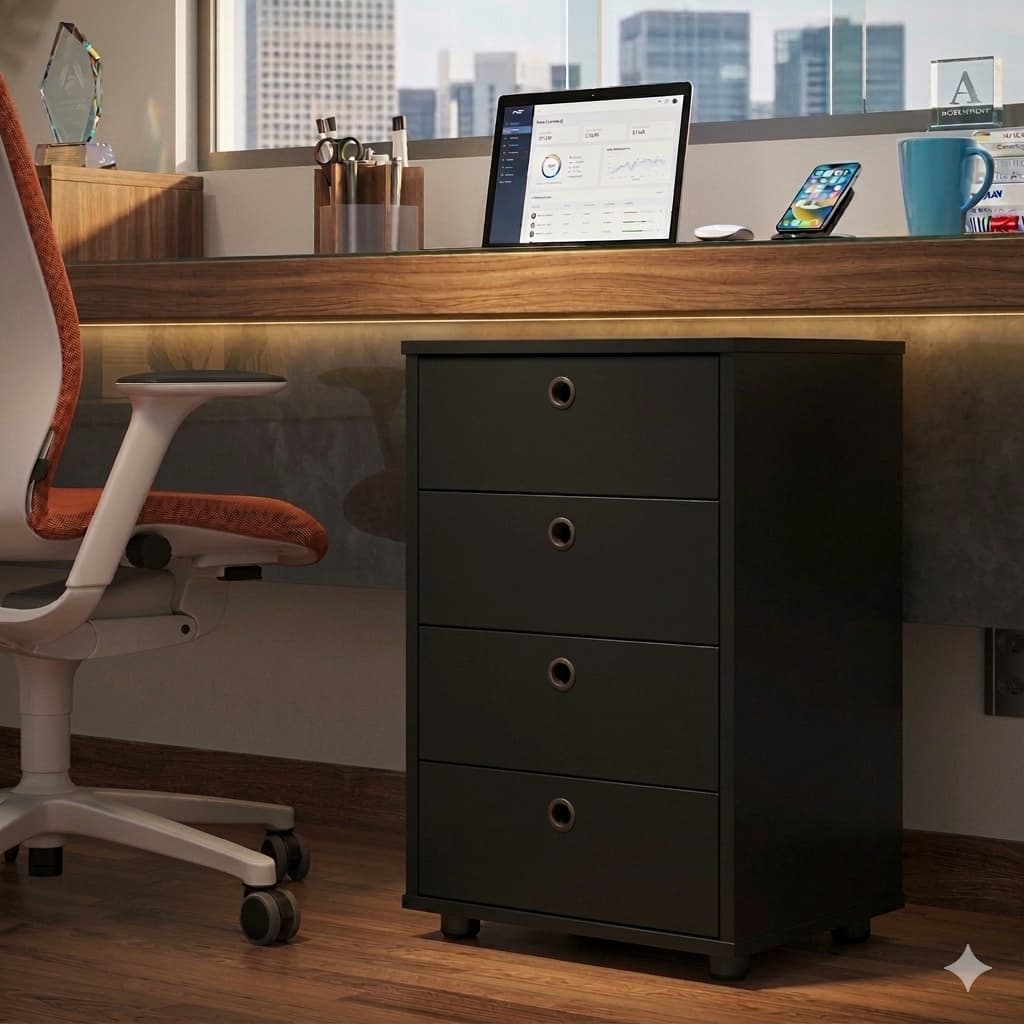 Gaveteiro Organizador Para Escritório Home Office 4 Gavetas e Sapatas plásticas - Preto