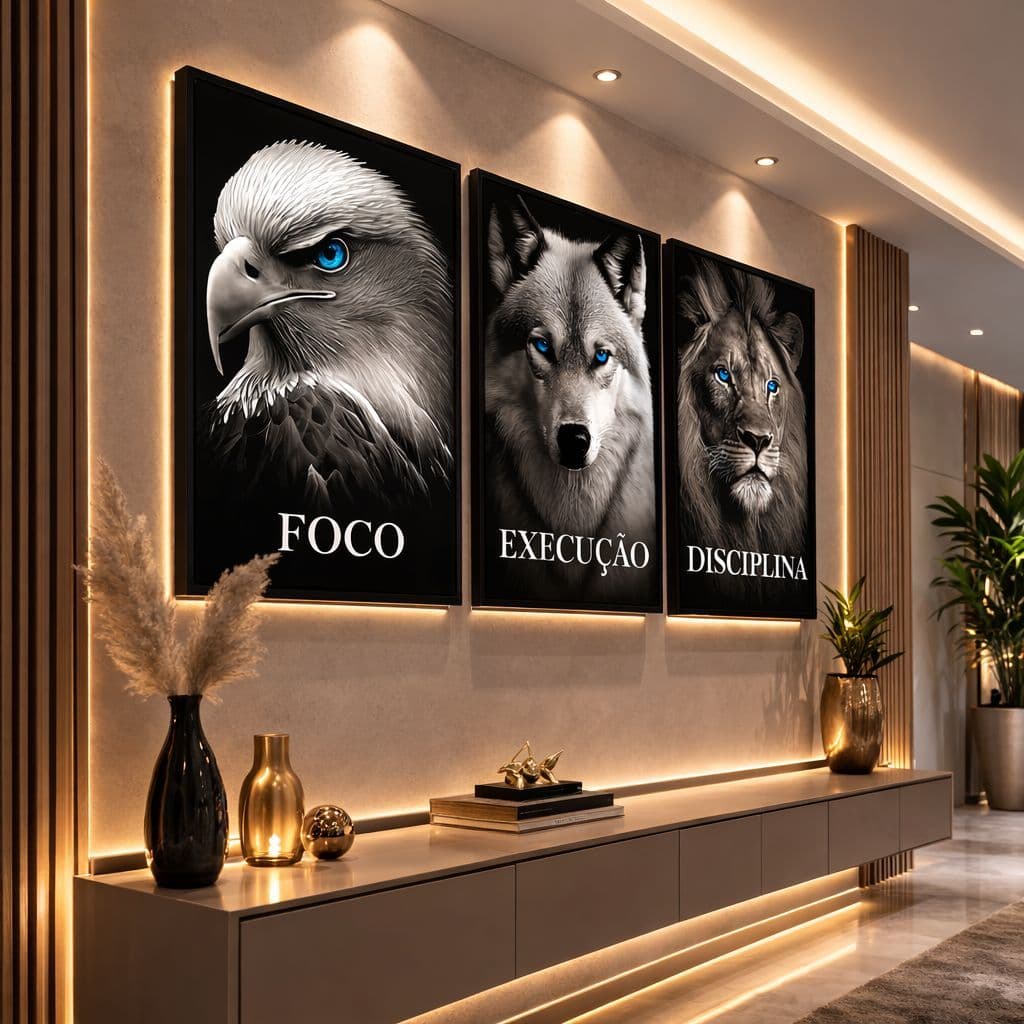 Quadros Decorativos Mdf Águia Lobo Leão Foco Motivação Escritório Moderno