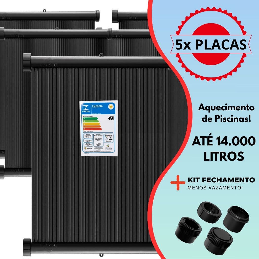 Aquecimento Piscina 5 placas de 3m Para piscinas de até 14.000 litros + Fechamento