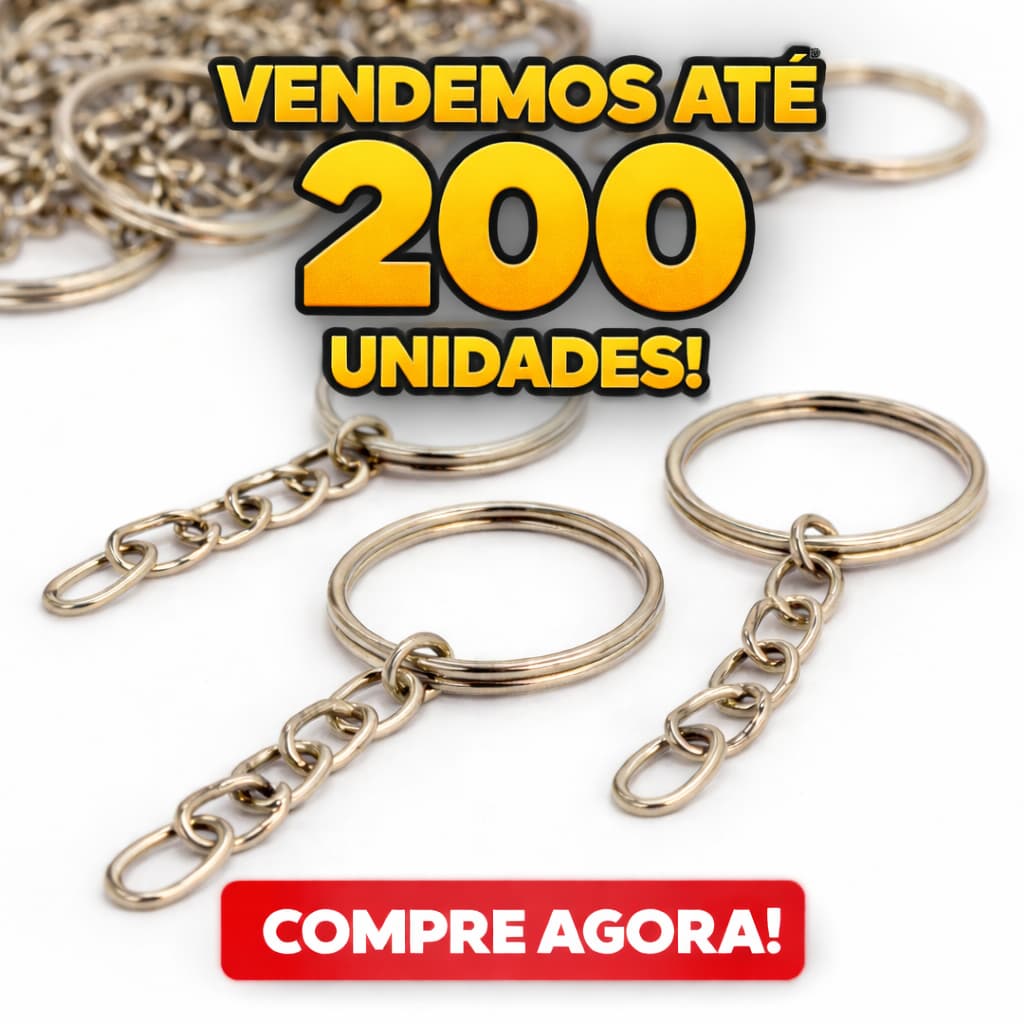 KIT 50, 100 ou 200 Argola para Chaveiro 20mm com corrente Prata Aço  Reforçada