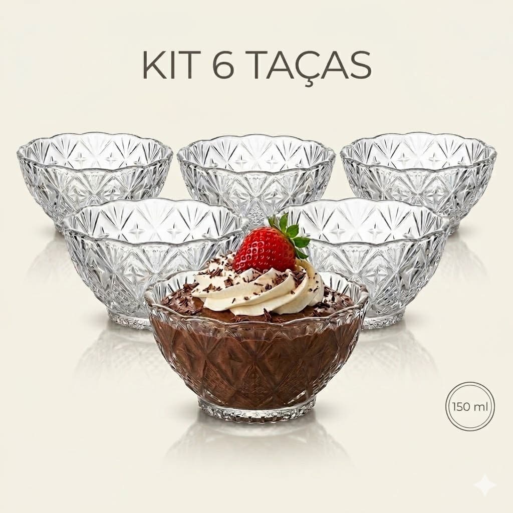 Jogo 6 Taças Tigela Bowls Premium Para Sobremesas 150ml Vidro Doce Sorvete Frutas Aperitivos