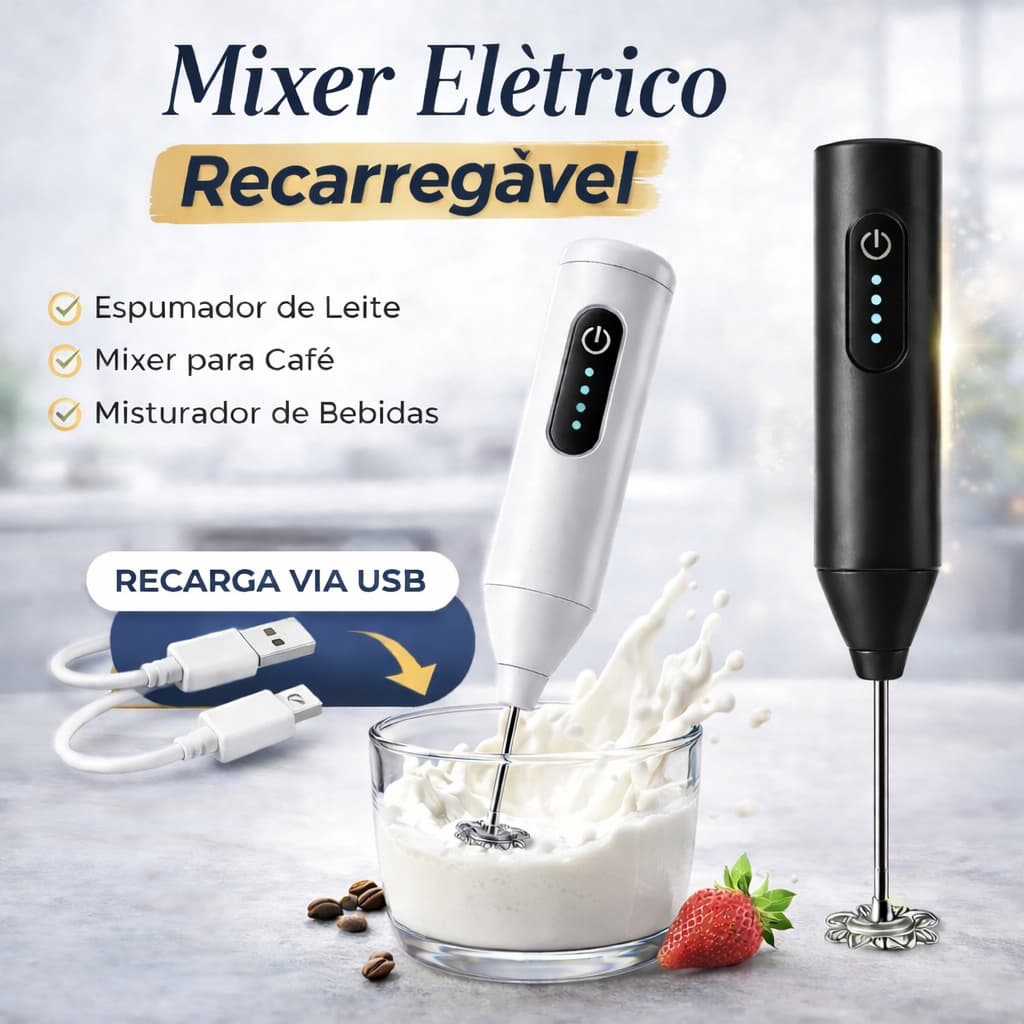 Mini Mixer Elétrico Recarregável Misturador de Bebidas, Ovos,  e muito mais