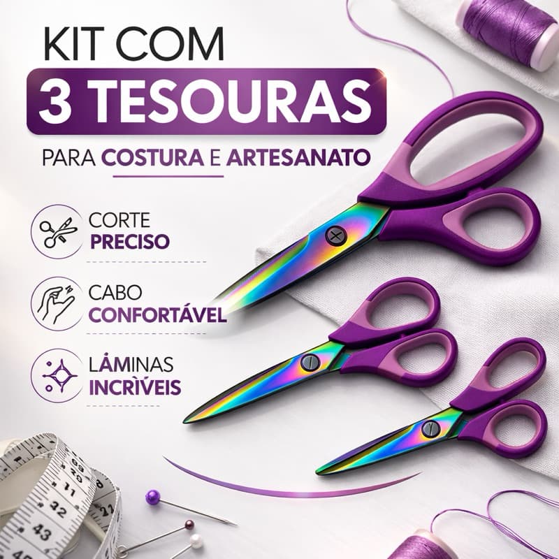 Kit de Tesouras Titânio 3 Peças Profissionais – Tesouras para Costura Tecido Papel Artesanato Alta Precisão
