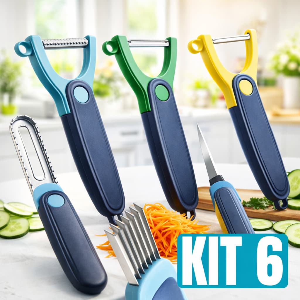 Kit Descascador 6 em 1 Inox Multifuncional Fatiador Ralador Cortador Removedor Profissional para Legumes Frutas e Peixes