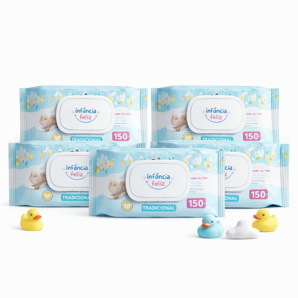 Kit com 05 Pacotes de Toalhas Umedecidas Infância Feliz - 150 folhas 20x12 cm - 98% Água - Vegana