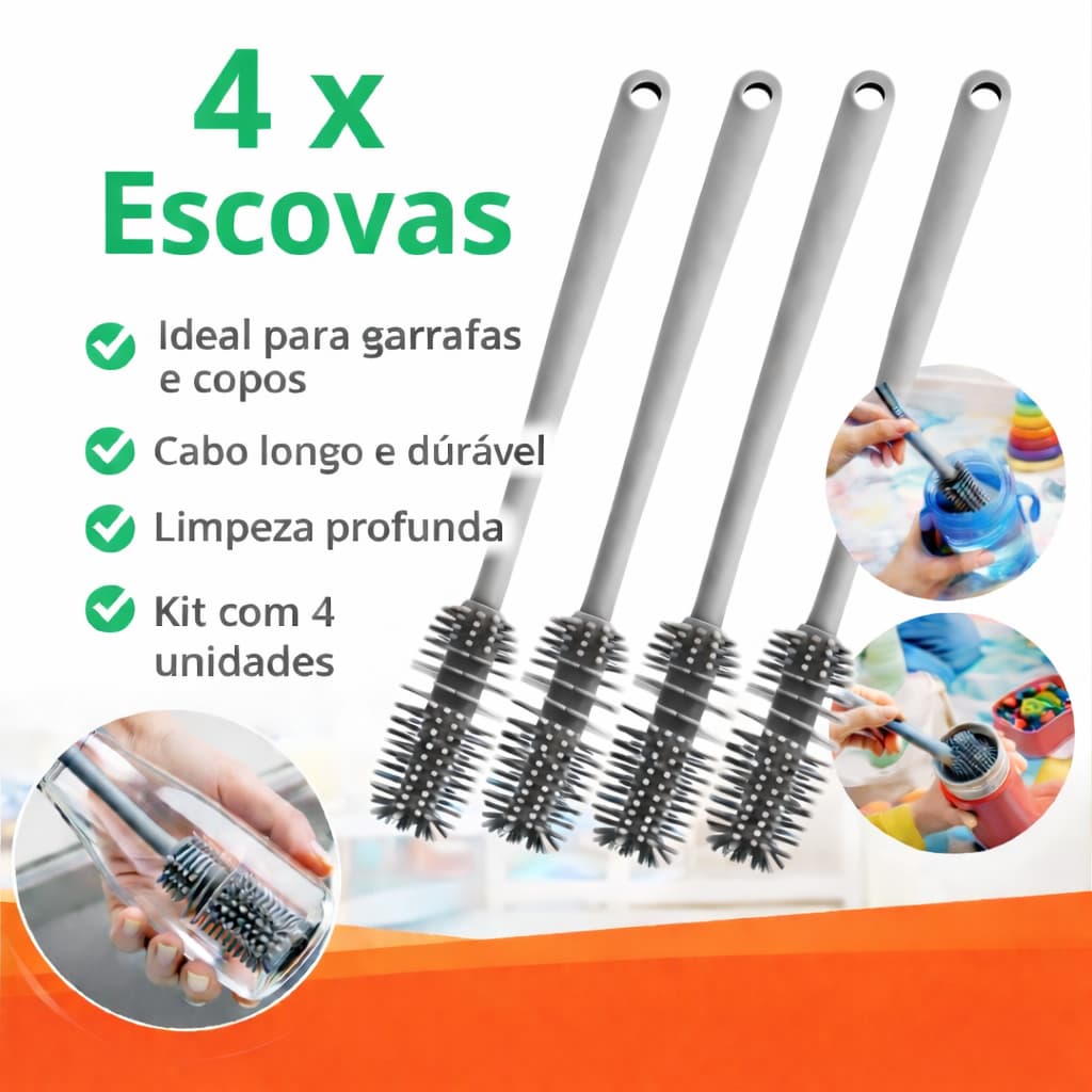Kit Escovas Lava Garrafa de Silicone – Limpa Copos e Garrafas Onde a Esponja Não Alcança