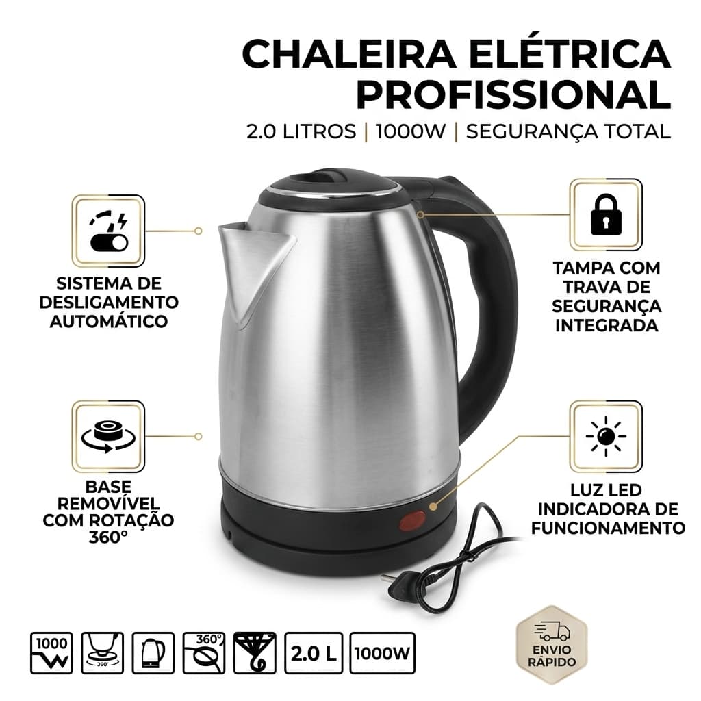 Jarra Elétrica Chaleira 110V 2 Litros 800W Inox Prateada Cozinha-  Promoção Envio Imediato Até 13h
