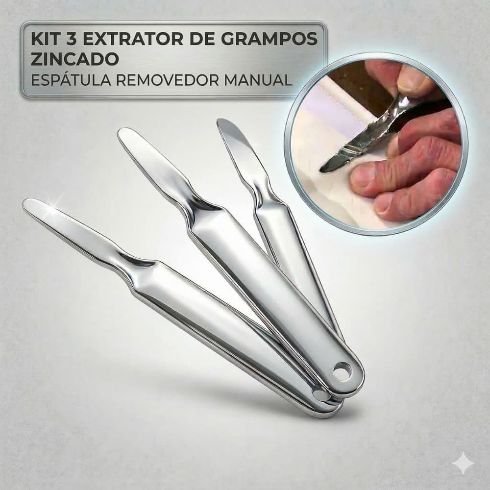 Kit 3 Extrator De Grampos Zincado Espátula Tira Grampo Removedor Manual