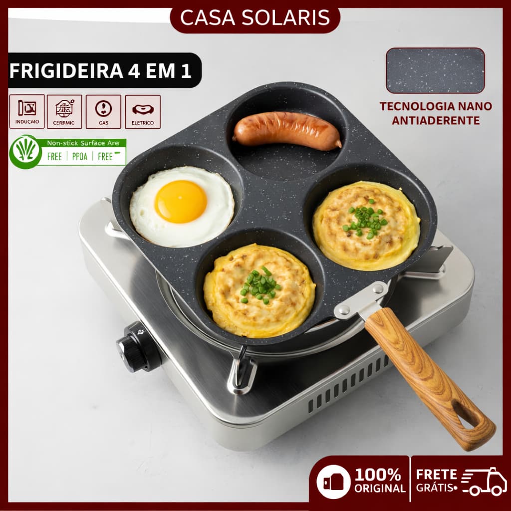Frigideira Multifuncional Antiaderente 3 ou 4 Furos para Ovos Panqueca Omelete e Hambúrguer