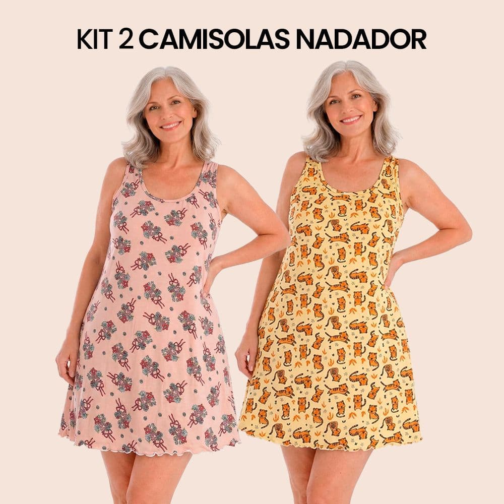 Kit 2 Peças Camisola Feminina Nadador Malha Suede Estampada - Leve e Super Confortável - P M G GG