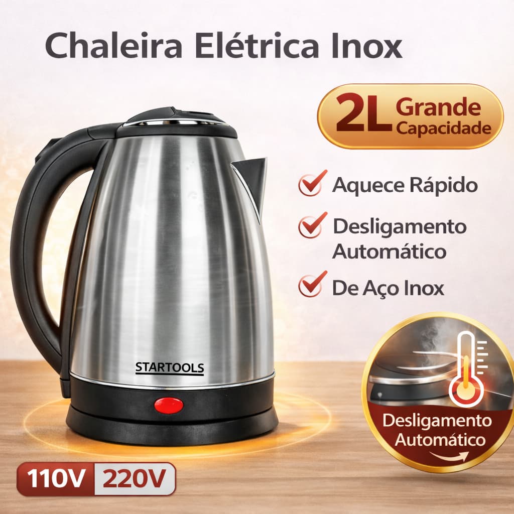 Chaleira Elétrica Inox 2 Litros Base 360 Desligamento Automático Ferve Água Rápido 127V 220V