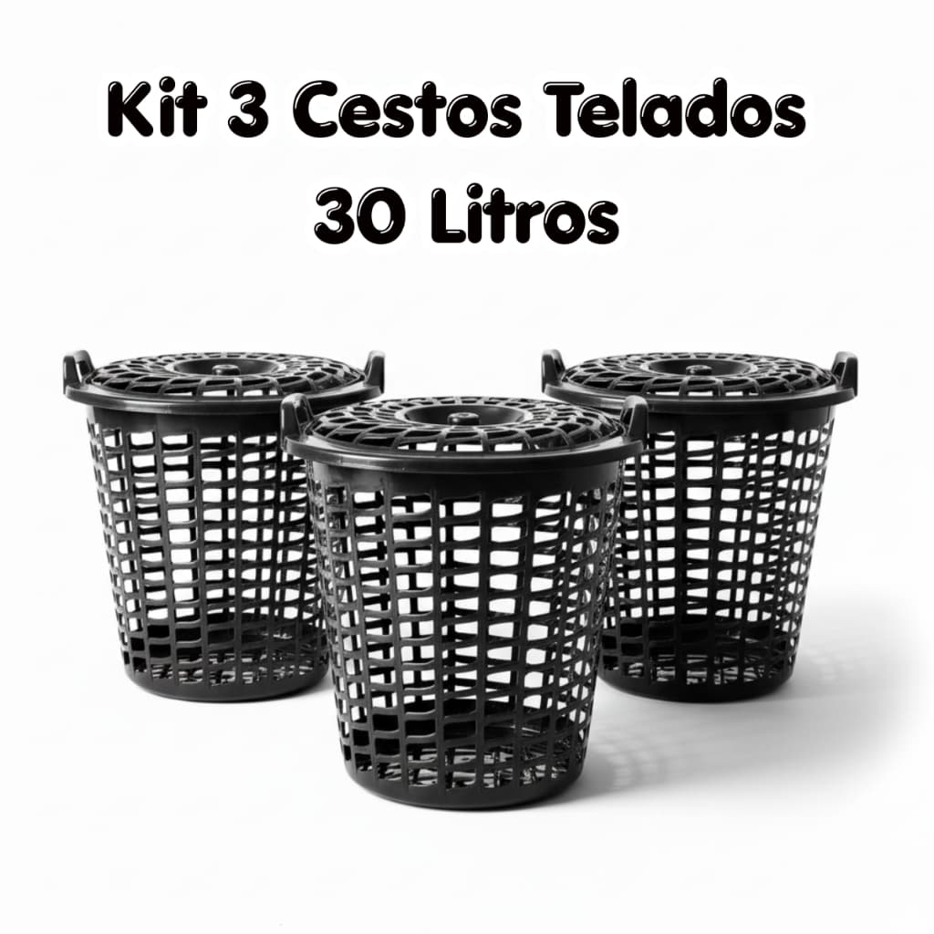 Kit 3 Cestos de Roupas Telado 30 Litros Plástico Banheiro Lavanderia Brinquedo Resistente Multiuso