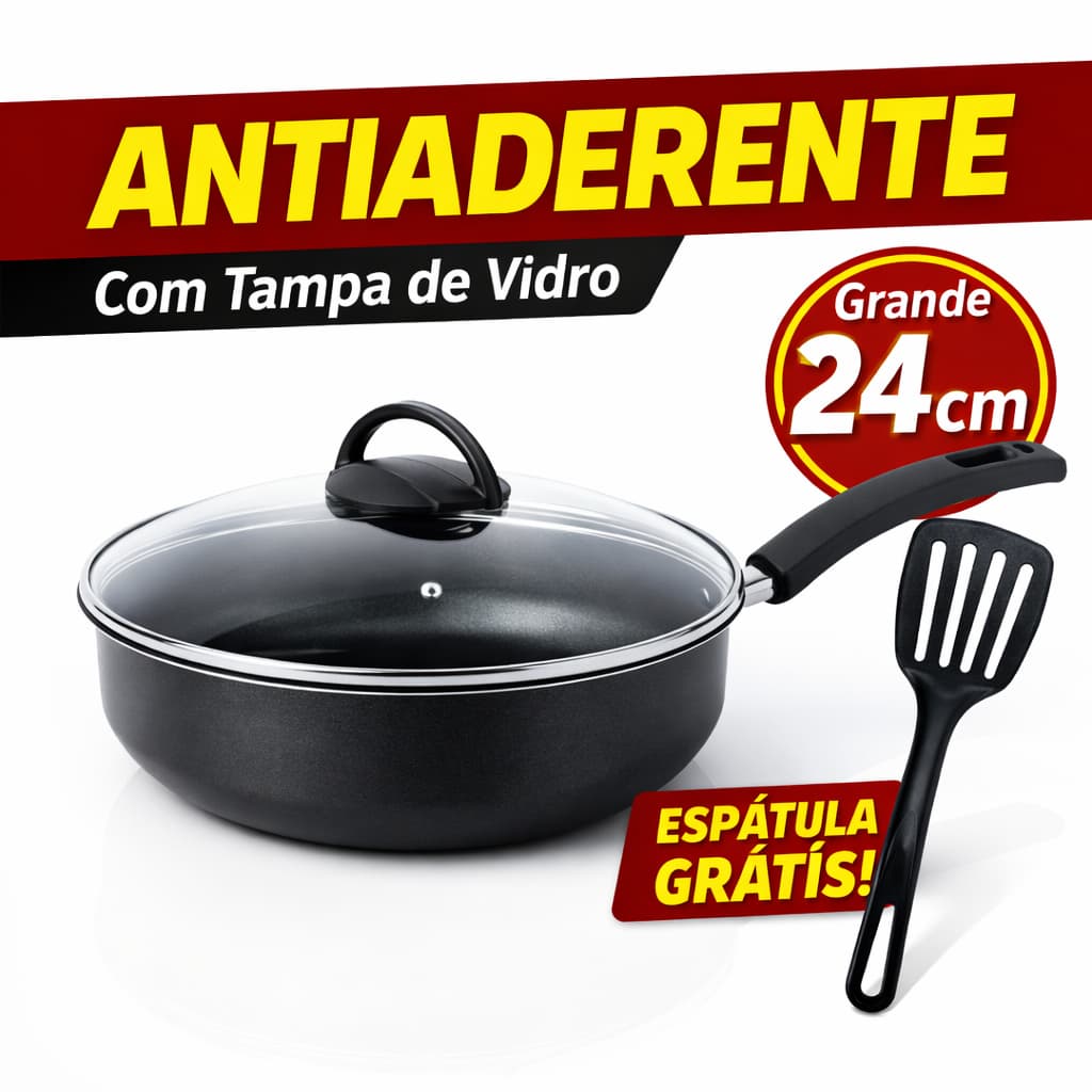Frigideira Grande Funda 24cm Com Tampa Antiaderente Teflon 