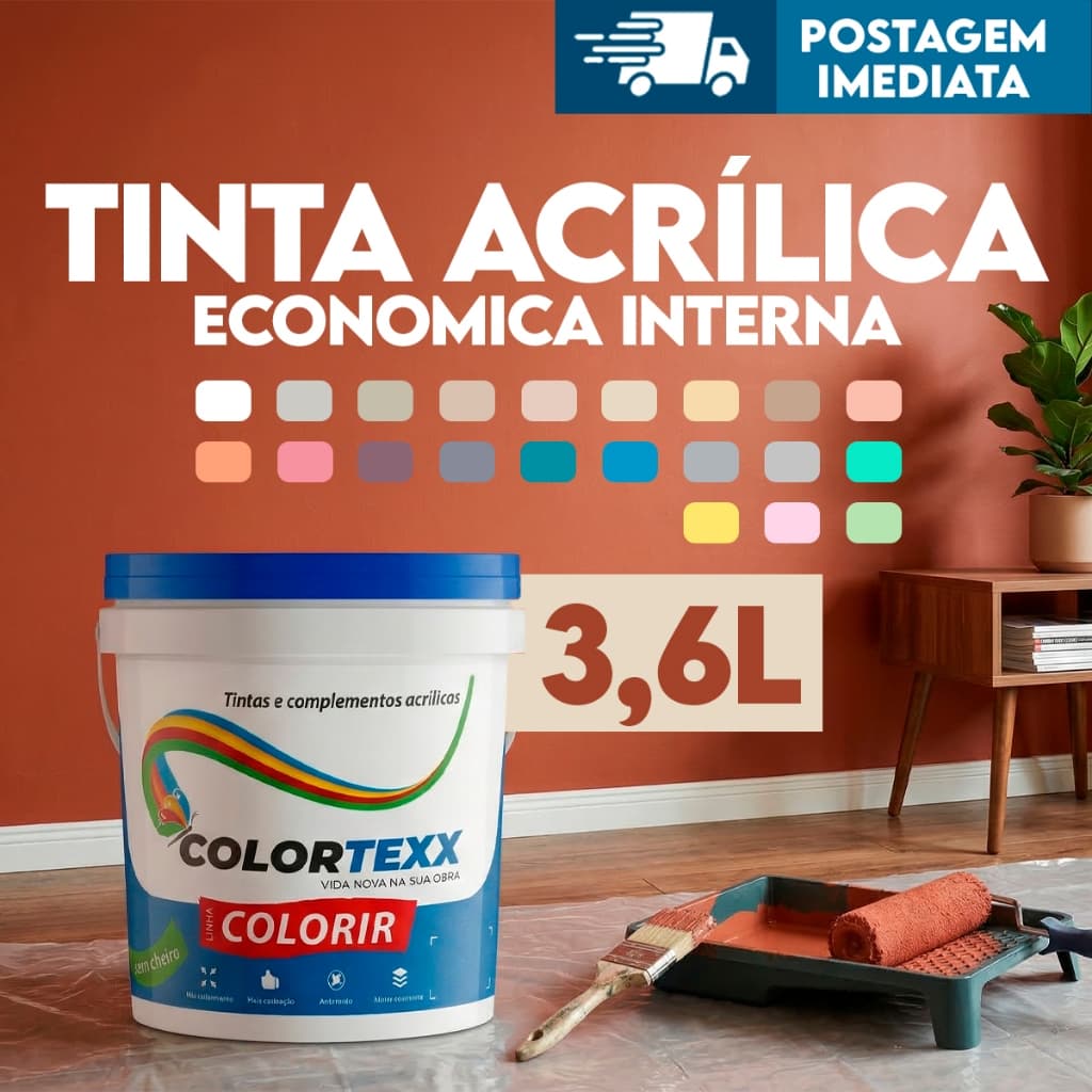 Tinta acrílica 3,6 Litros internas Economica Colortexx Paredes Secagem Rapida 3,6 Litros Cores áreas