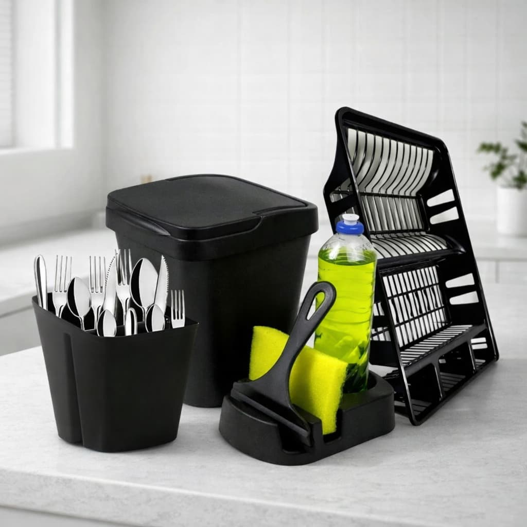 Kit Pia Cozinha Multiuso Lixeira Rodo de Pia Porta Detergente Porta Talher Escorredor de Louças 5 Pç