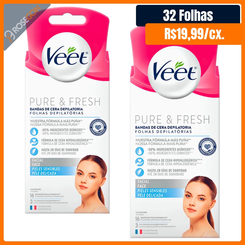 Kit 2 Caixas de Folhas de Cera para Depilação Facial Veet Pure & Fresh Pele Delicada 16 unidades cada