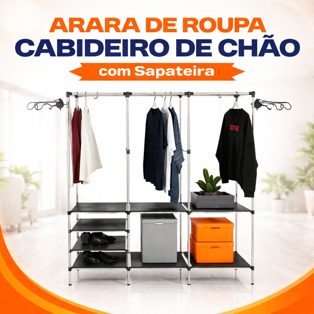 Arara de Roupas de Chão Grande com Sapateira Cabideiro Organizador Multiuso em Aço Inox