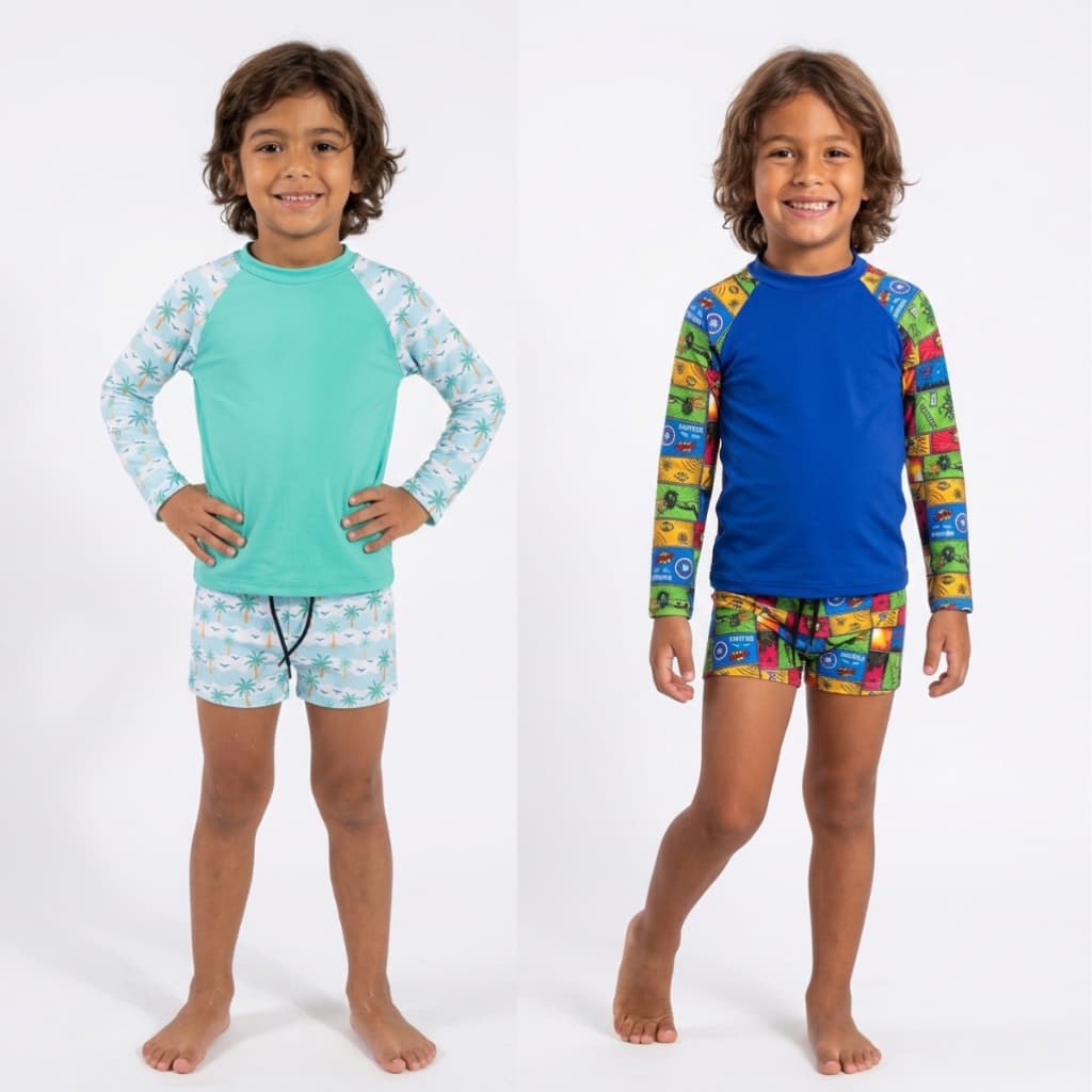Conjunto Camiseta Manga Longa e Sunga Infantil Menino 4 a 12 Anos Praia Piscina Natação