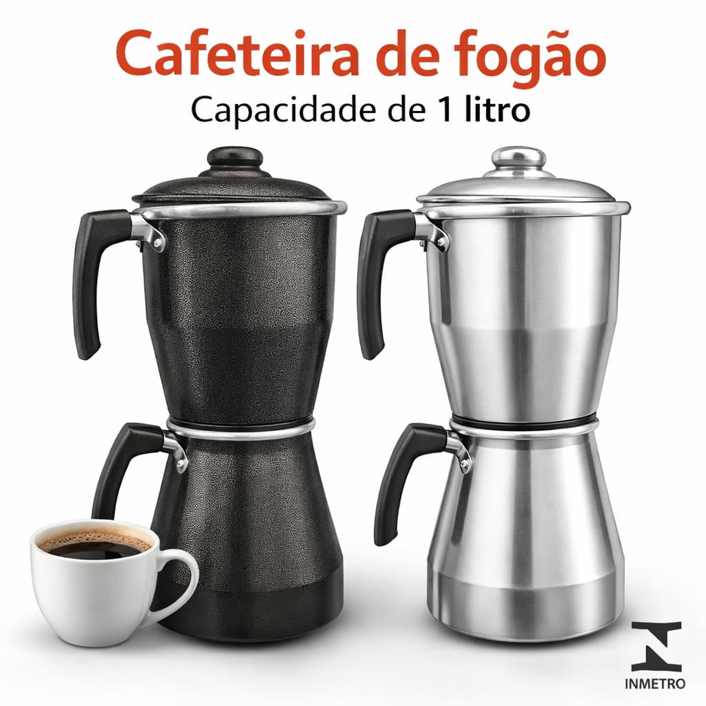 Cafeteira de Fogão Econômica Italiana em Alumínio 1L faz 10 Xícaras Preta Craquelada ou Polido - Cafeteira na Promoção