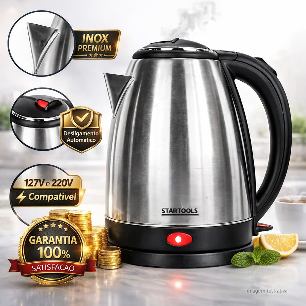 Chaleira Elétrica Inox 2L 127V/220V – Ferve Água Rápido, Desligamento Automático, Econômica e Segura