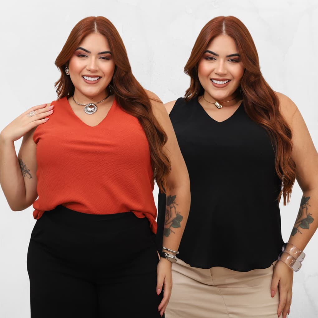 Kit 2 Regata Feminina Social Básica Blusa de Mulher Alça Grossa, Decote em V, Forrada no Busto Tecido Duna Plus Size