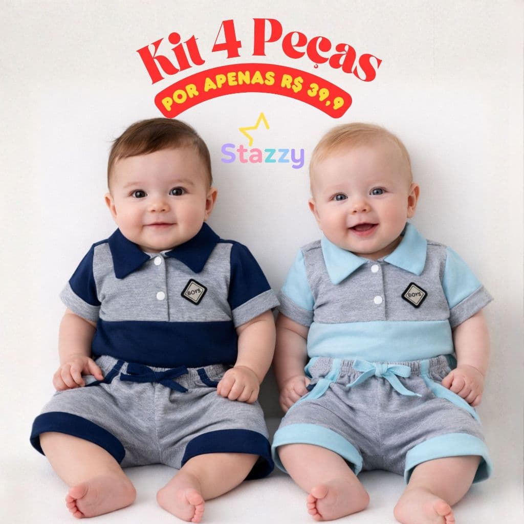 Kit 4 pçs Conjunto bebê Menino Mauricinho com 2 camiseta polo e  2shorts RN Stazzy até 6 meses