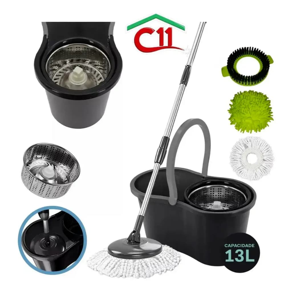 Balde Mop Preto 360° Giratório + Cesto Esfregão – Limpeza Prática e Rápida
