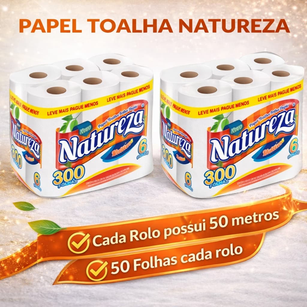 Papel Toalha Cozinha Natureza Folha Dupla 2 Pacotes C/ 6 Rolos cada