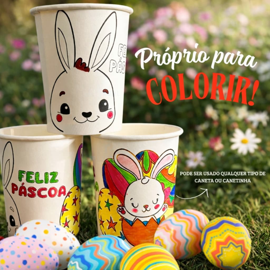 Kit 24 Copos Festa Termico Páscoa Descartável Personalizado Desenho Colorido Descartaveis Copo Papel Personalizado
