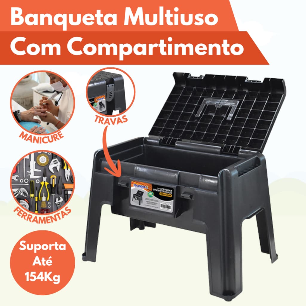 Banqueta Multiuso Com Compartimento Para Manicure Ferramentas Brinquedo Suporta Até 154Kg