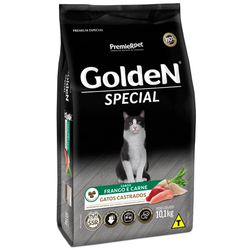 Ração Golden Special Gatos Castrados Sabor Frango e Carne 10,1kg Premier Pet