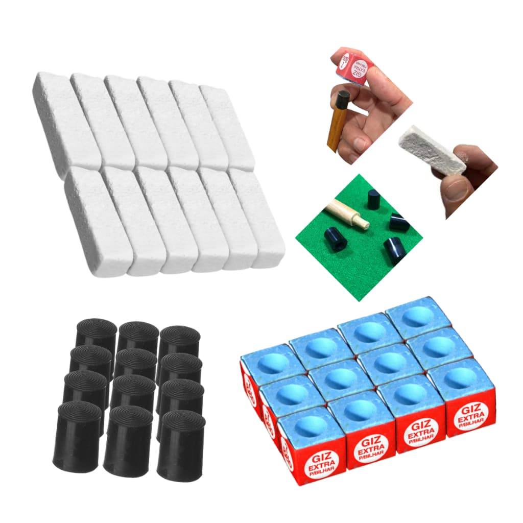 KIT DE GIZ 7 BELO + GIZ BRANCO + VIROLA P/ TACO DE BILHAR SINUCA SNOOKER