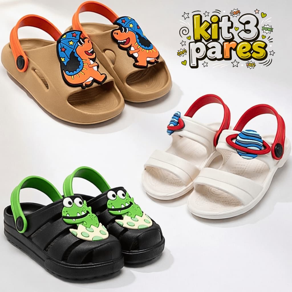 Kit 3 Pares Sandália Papete Infantil Menino Leve e Confortável