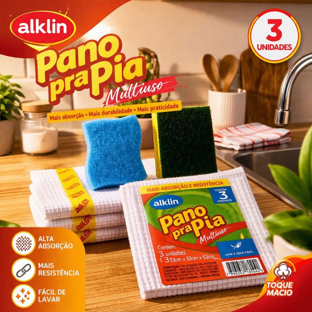 KIT LIMPEZA COZINHA 5 PEÇAS PANO DE PIA ALTA ABSORÇAO + ESPONJA MULTIUSO NAO RISCA